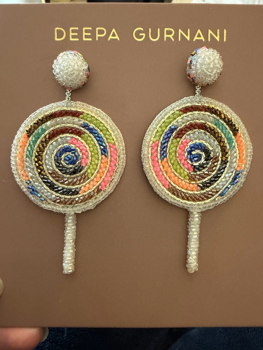 Deepa Gurnani Multicolor Lollipop Spiral Drop Earrings with White Beaded Accents